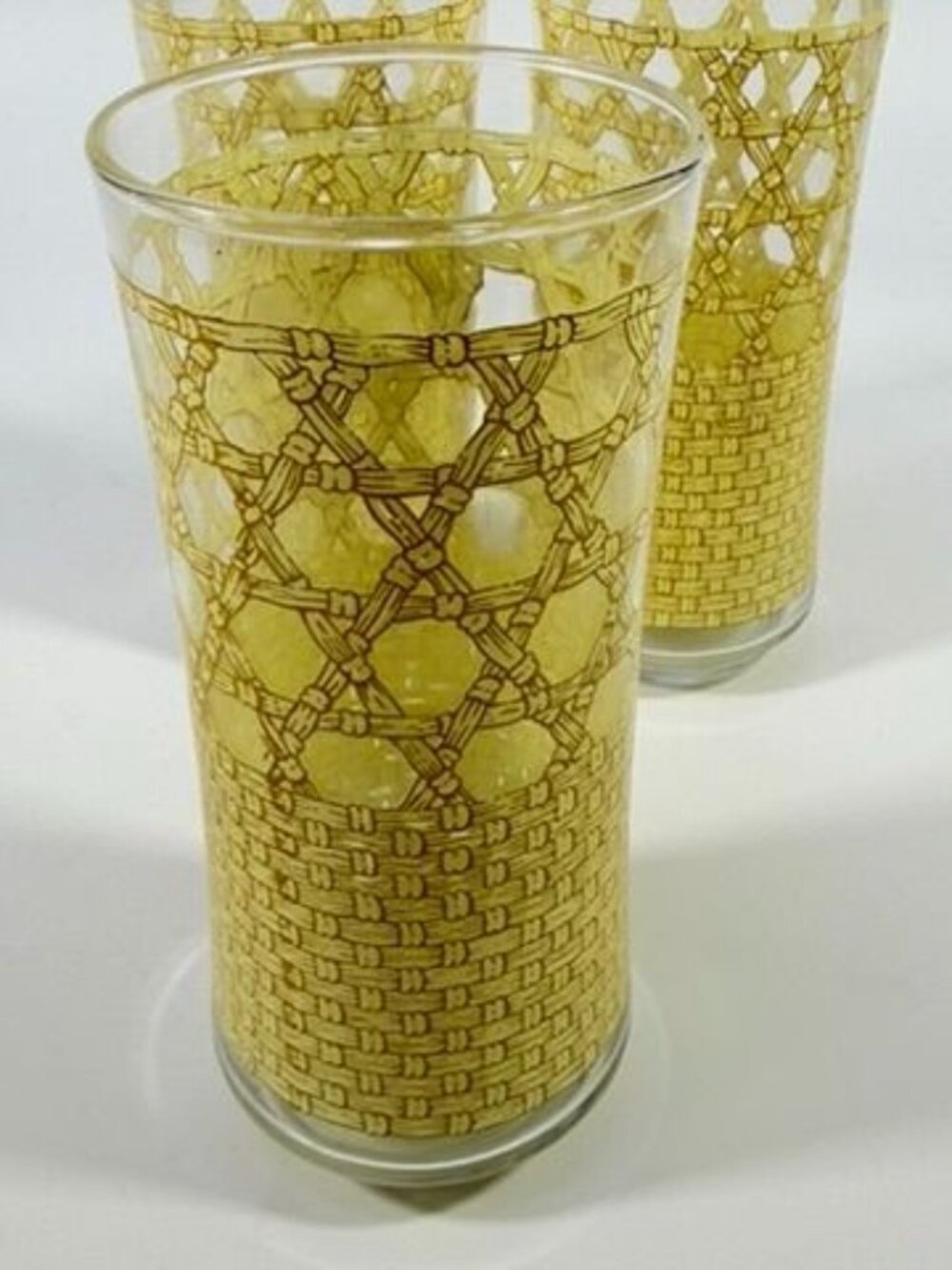 Drinking Ice Tea Water Glasses Set 3 Libbey Woven Cane Rattan Bamboo Vintage - Picture 3 of 14